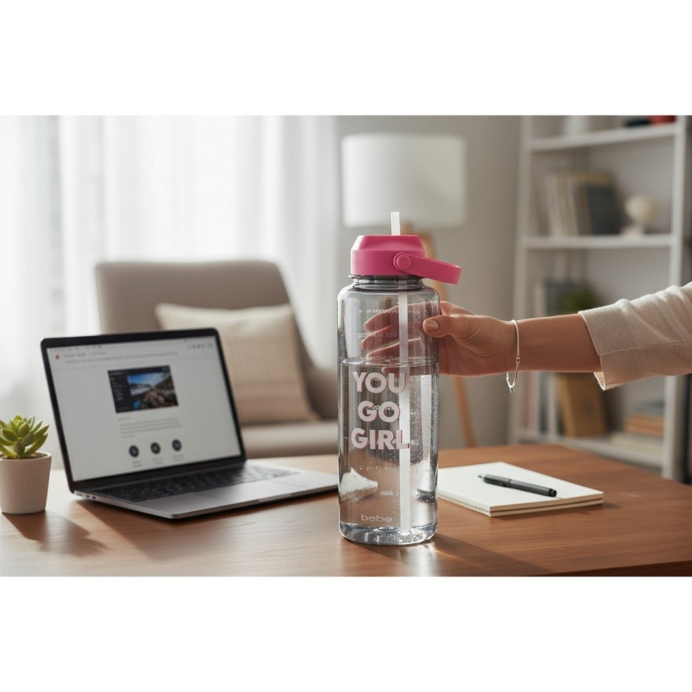 Bebe Water Bottle Women 50oz Grey Pink Brand New You Go Girl Motivational Straw